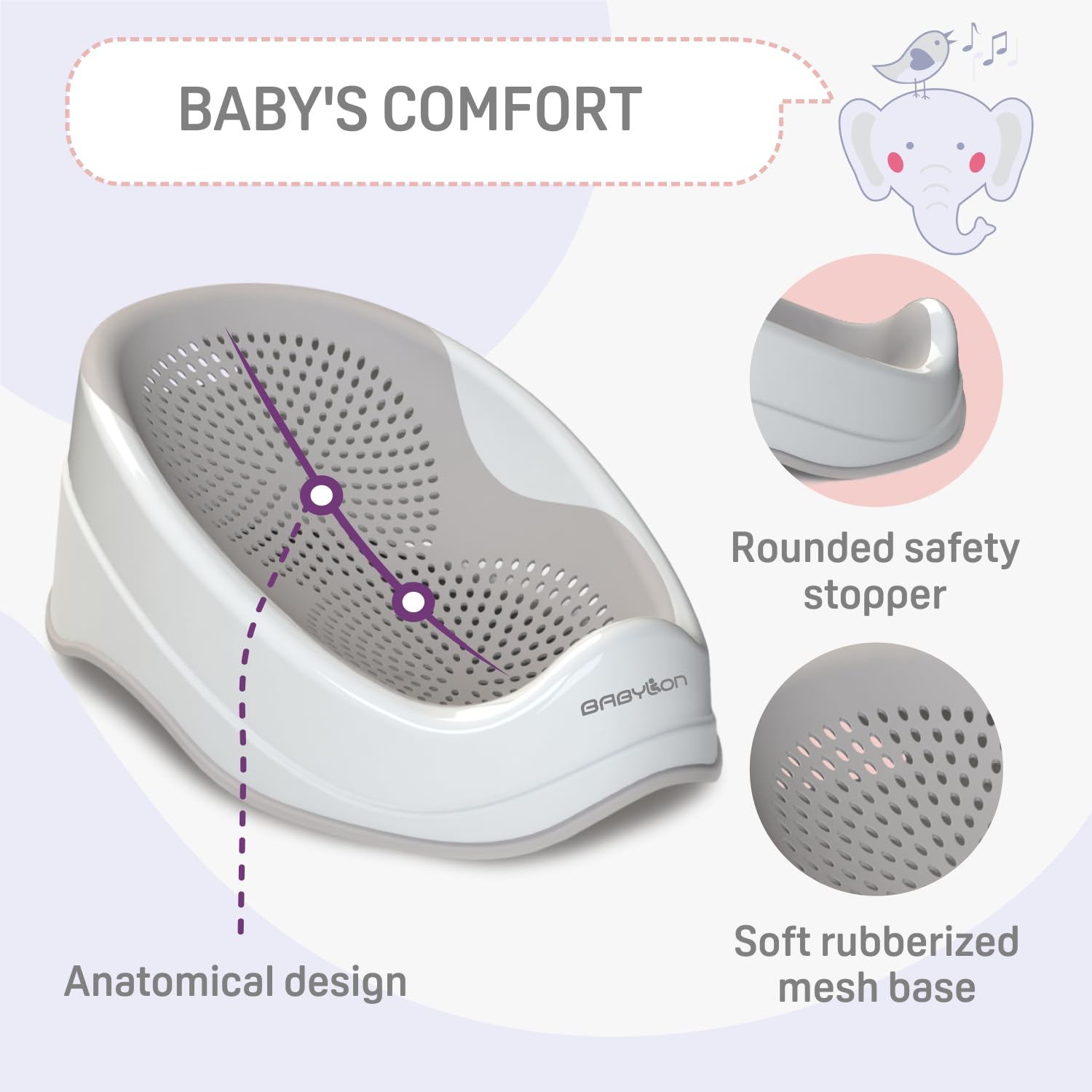 BABYLON DOLPHIN Supporto Vaschetta Bagnetto Neonato – Ergonomica con Sedile Antiscivolo da 0 a 6 Mesi, Ipoallergenica e Resistente alla Muffa – Riduttore Sdraietta Bagnetto Neonato – Grigio chiaro