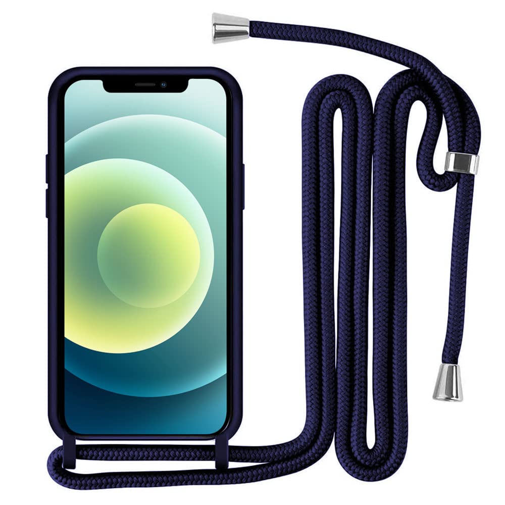 INFOSUN Compatible with iPhone 12/12 Pro 6.1 inch Crossbody Case, Scratch Resistant and Bumps TPU Material Phone Mobile Cover Neck Cord Lanyard Strap -Navy Blue