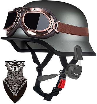 Bluetooth German Motorcycle Half Face Helmet, DOT Approved-Motorbike Moped Jet Bobber Pilot Crash Chopper Half Helmet, with Adjustable Quick Release Buckle, Face Towel+Goggles