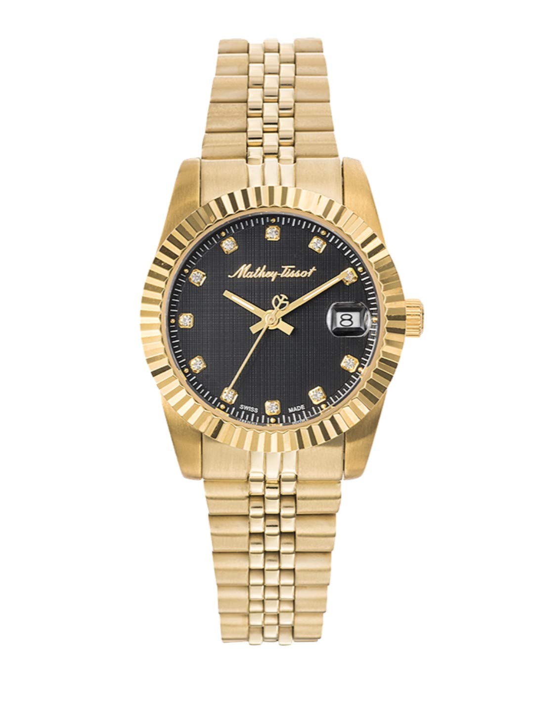 Mathey-Tissot Stainless Steel Swiss Made Analog Black Dial Women Watch - D810Pn, Gold Band