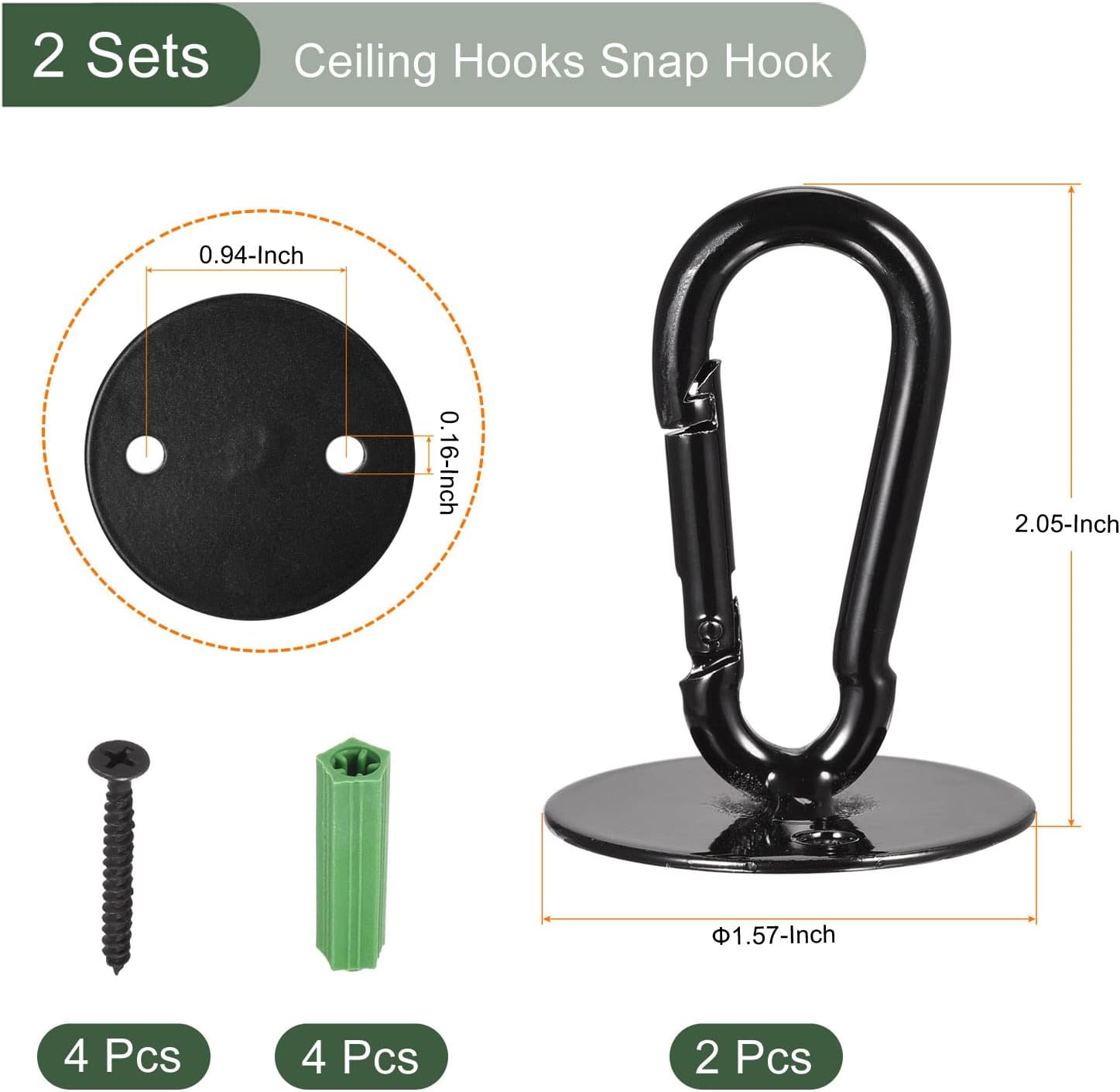 YOKIVE 2 Pcs Ceiling Hanging Hook, Pad Eye Snap Hook with Round Plate Hanging Plants, Great for Office, Home, Daily Use (Black, 1.6x2.1-Inch)