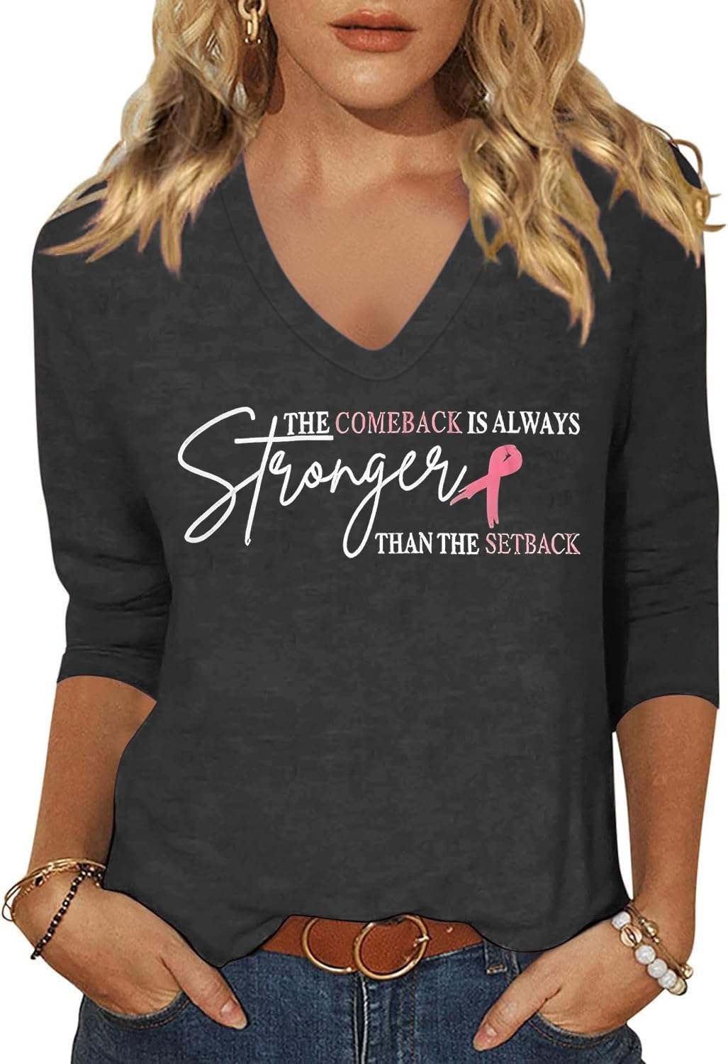 Casual 3/4 Sleeve V Neck Shirt for Women Funny Holiday Graphic Tee Fall Winter Loose Fit Tops