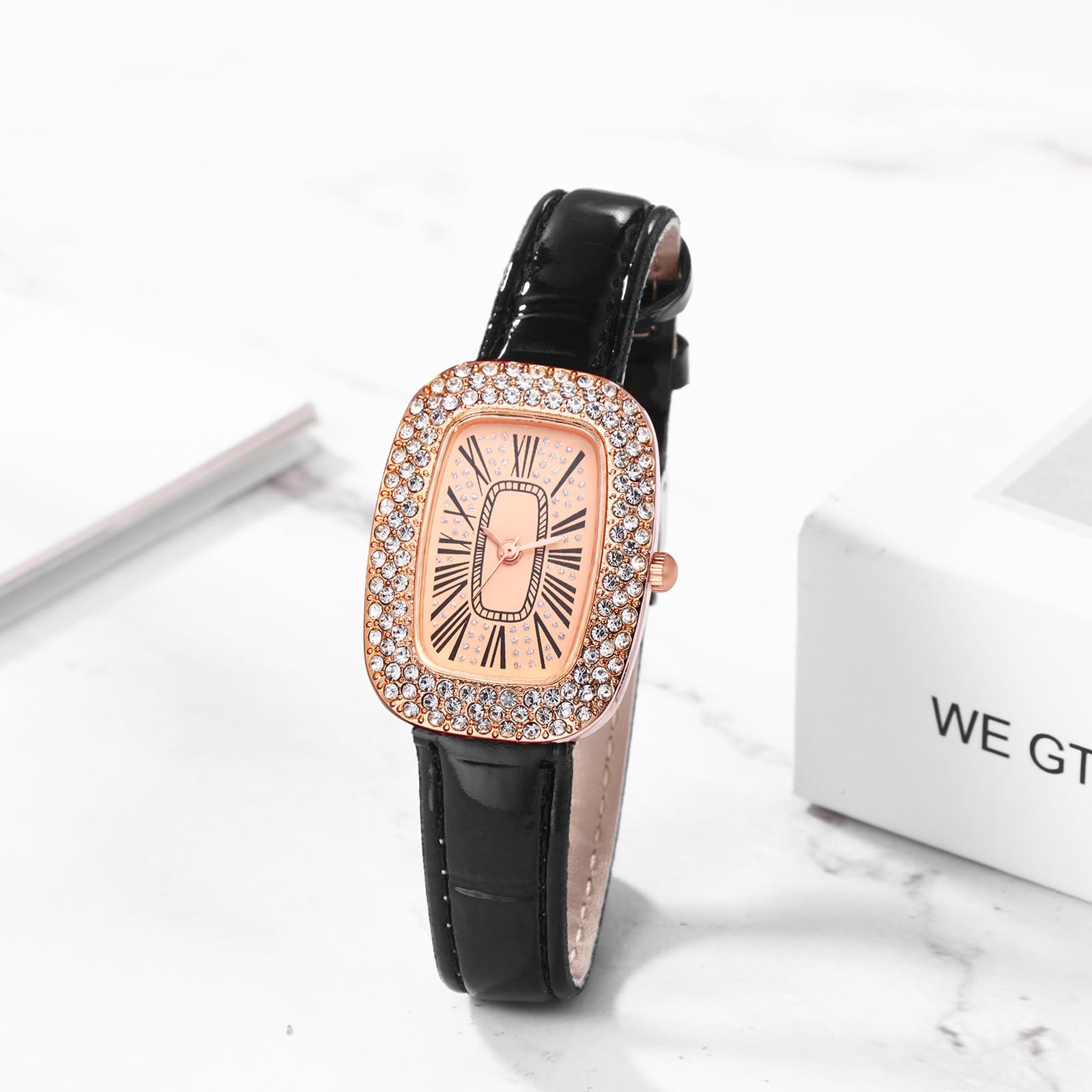 JewelryWe Zegarki damskie skórzane prostokątne – elegancki błyszczący stras, analogowy zegarek kwarcowy na rękę, zegarek na rękę, swobodny zegarek z prostokątnymi cyframi rzymskimi i skórzanym paskiem