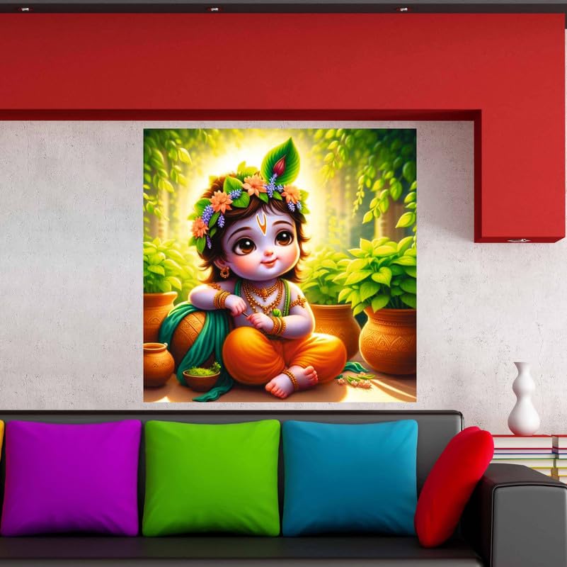 Image of British Terminal Cute little Bal Gopal Baby God Krishna| Kanha Ji | Laddu Lord Makhan Chor Painting Religious Poster for Pregnant Women for wall (matt thin vinyl,sticker,multicolor,unframed)| bj92