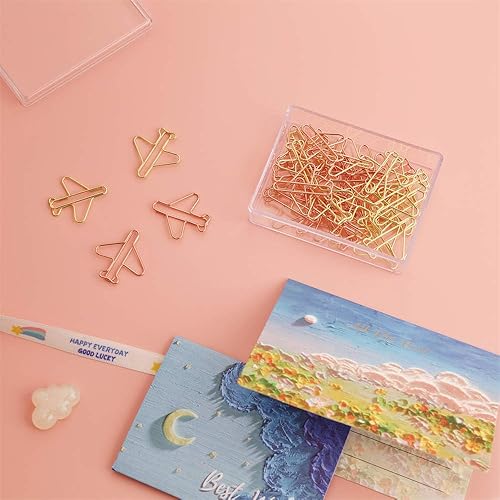 Miniatura 5 de 30 clips de papel con forma de avión con caja transparente, oro rosa y oro amarillo, divertidos y lindos marcadores de papel clips para planificar