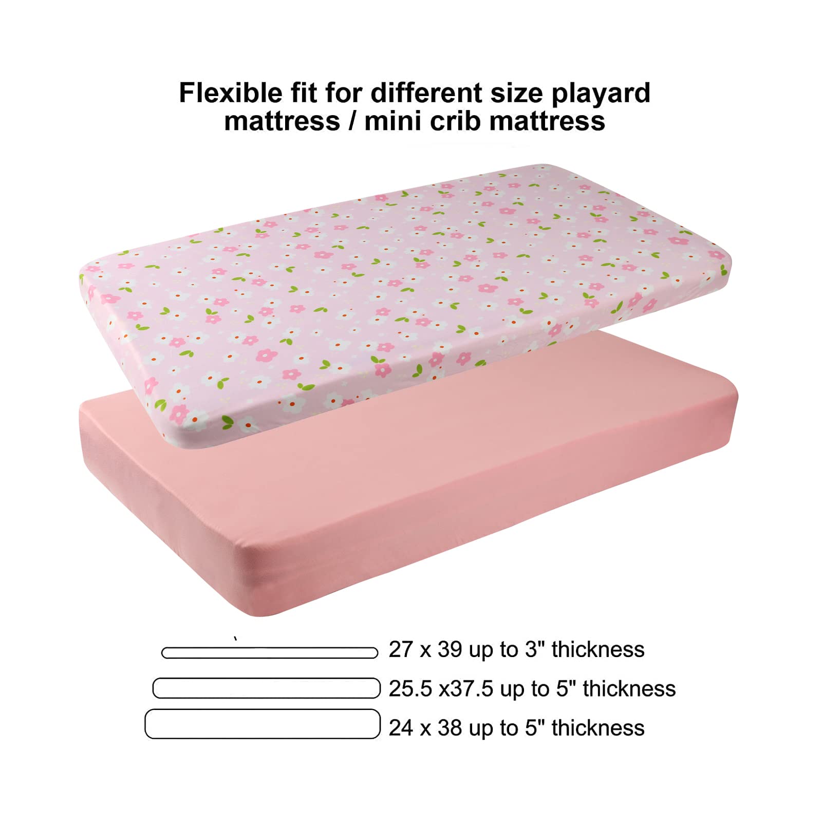 Onacosht Pack n Play Spannbettlaken, für Babys, Mädchen, Blumenmuster, Rosa, 3 Stück | Mini-Kinderbettlaken, Spielard-Matratzenbezug, gestrickt, weich, atmungsaktiv, dehnbar, Spielardlaken