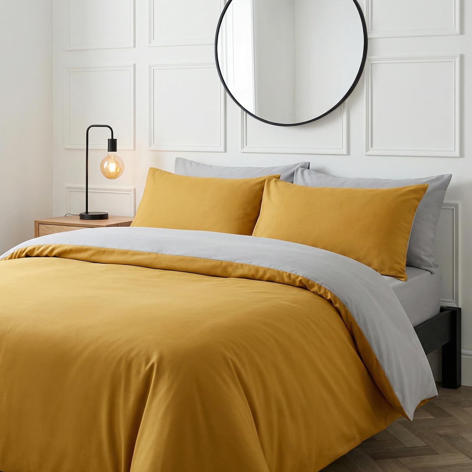 Brentfords Ochre Yellow Grey King Size Bedding Set, Ultra Soft Warm Luxurious Plain Dyed Reversible Quilt Duvet Cover King Size Duvet Cover Set With Pillowcases, Ochre Yellow Mustard/Grey