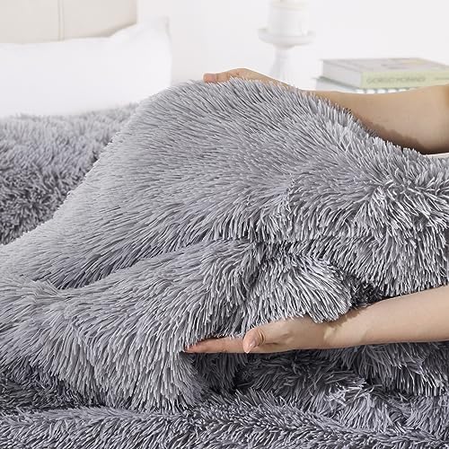 Smoofy Fluffy Queen Comforter Set, Faux Fur Comforter Set Queen Size, Luxury Fuzzy Bedding Set, Soft Shaggy Bed Set for All Season, 3 Pieces - 1 Comforter & 2 Pillowcases, Grey
