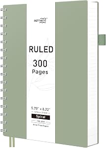 RETTACY Spiral Notebook College Ruled, 300 Pages, A5 Medium Size (14.5 x 21 cm), for School, Work, Journaling, 100 GSM Thick Paper, Flexible Plastic Cover (Light Green)