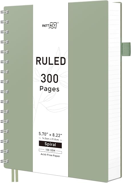 RETTACY Spiral Notebook College Ruled, 300 Pages, A5 Medium Size (14.5 x 21 cm), for School, Work, Journaling, 100 GSM Thick Paper, Flexible Plastic Cover (Light Green)