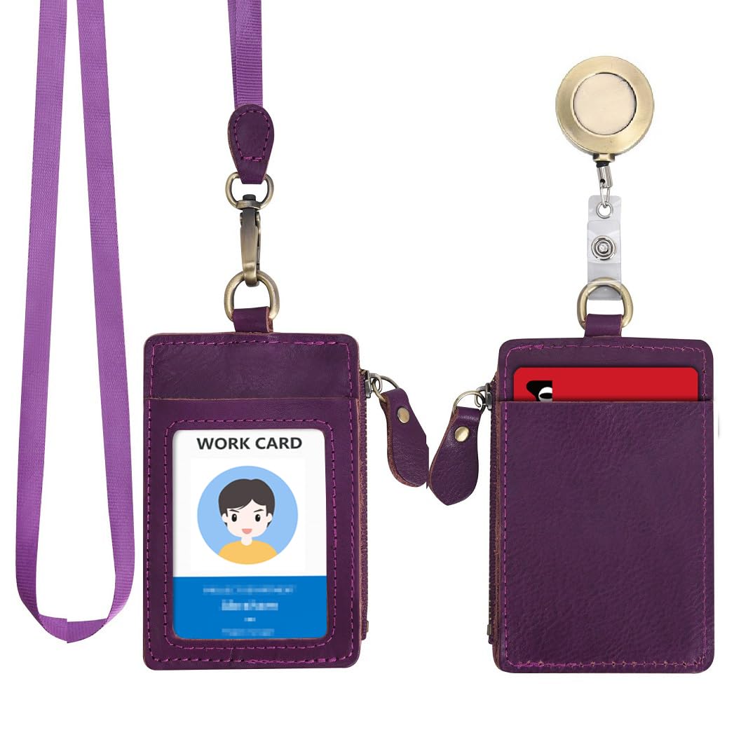 Wonderpool Leather ID Badge Holder with Zipper Wallet Pouch