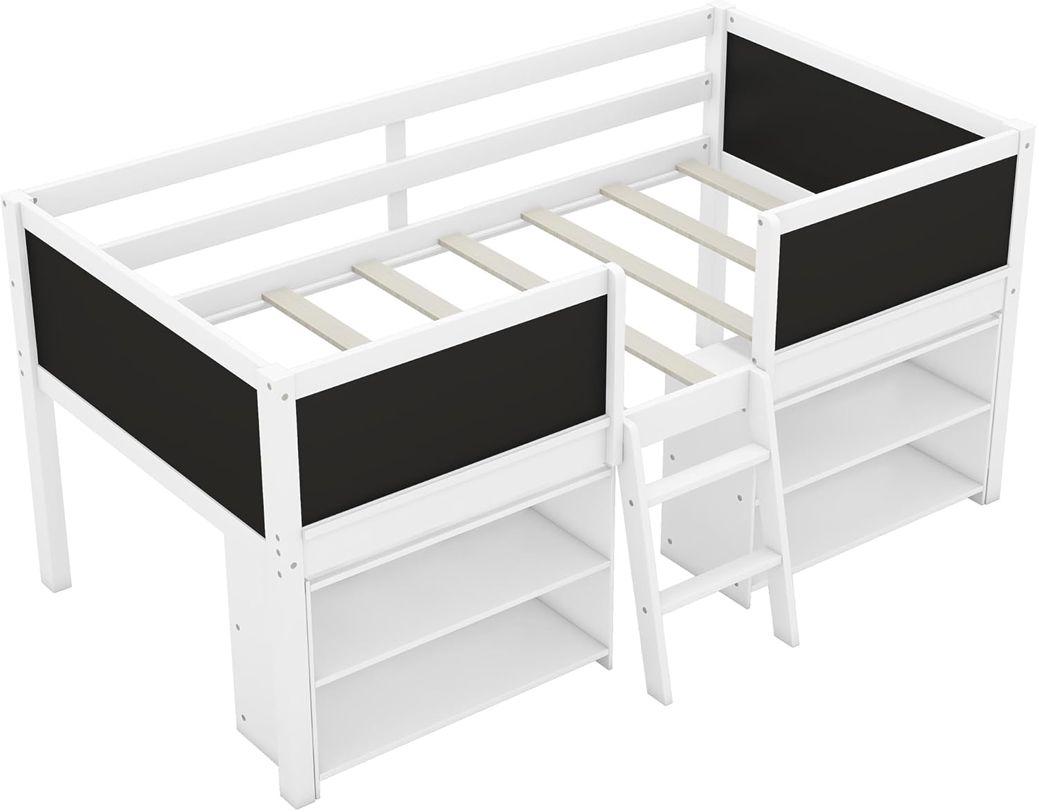 Harper & Bright Designs Kids Low Loft Bed with Movable Shelves and Chalkboard, Storage, Ladder, for Girls Boys, White
