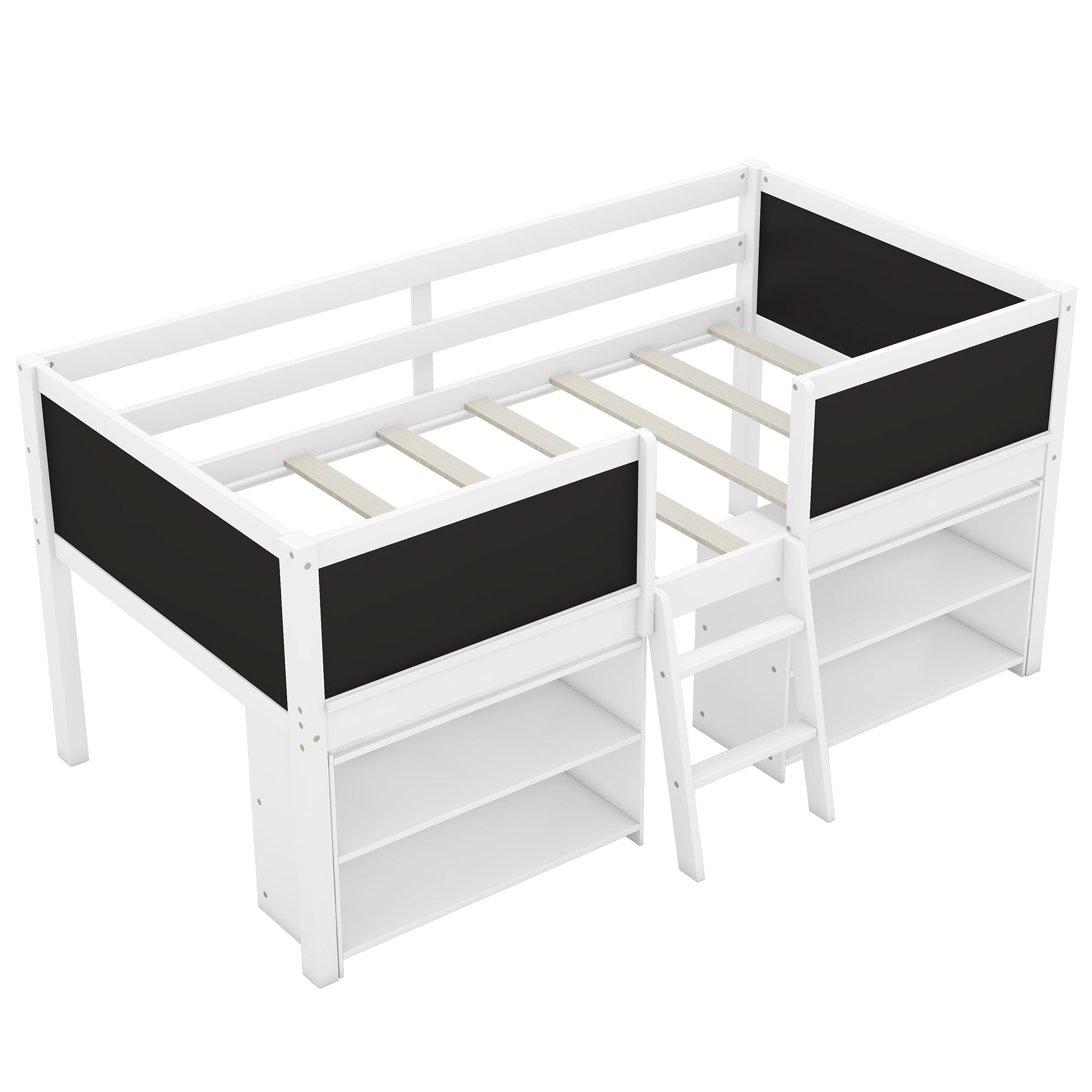 Harper & Bright Designs Kids Low Loft Bed with Movable Shelves and Chalkboard, Storage, Ladder, for Girls Boys, White
