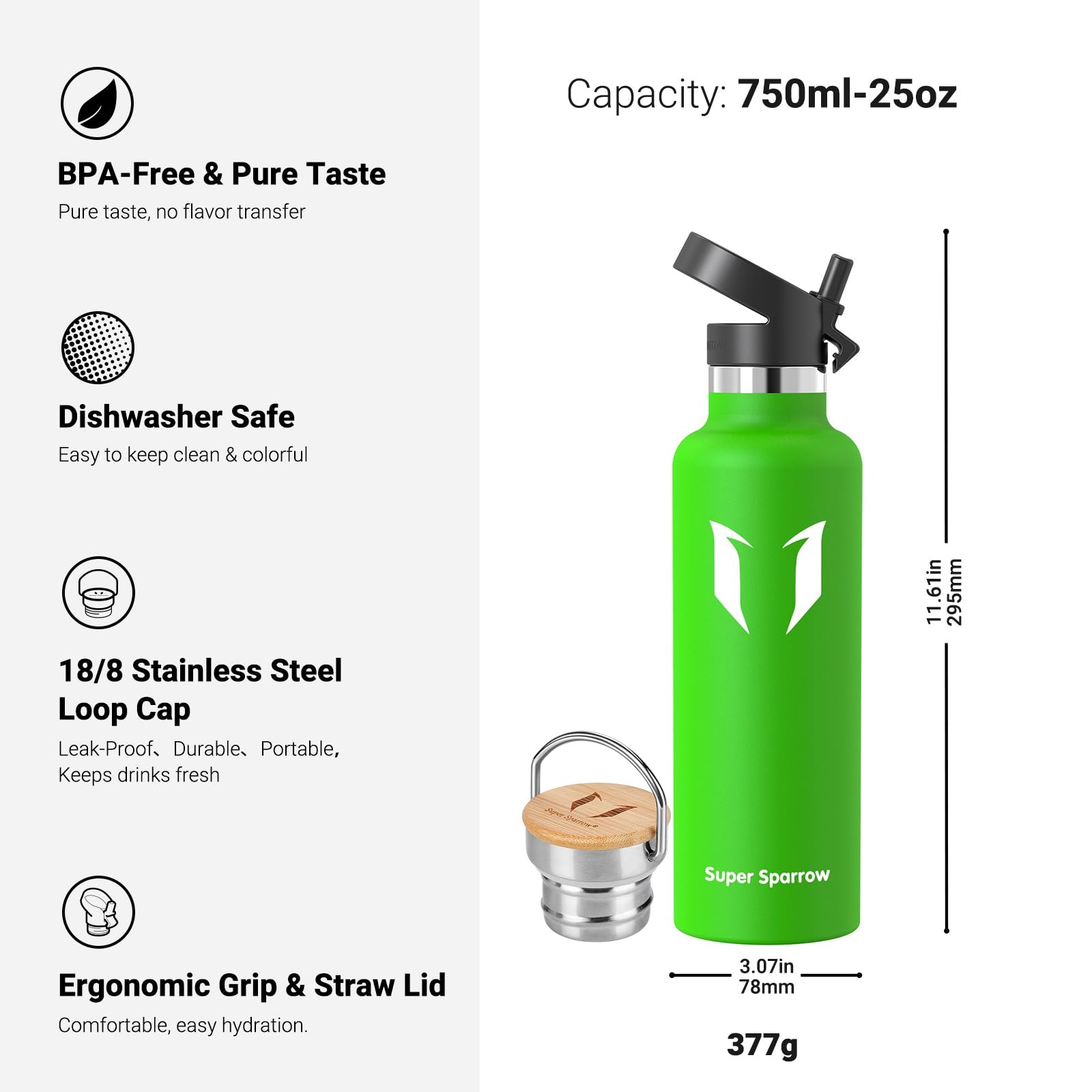 Super Sparrow Borraccia Termica - Bottiglia Termica Senza Perdite - 350ml/500ml/620ml/750ml/1L - Senza BPA Borracce Bambini - Per Scuola, Sport, Campeggio, Palestra, Ciclismo - Con 2 Tappi