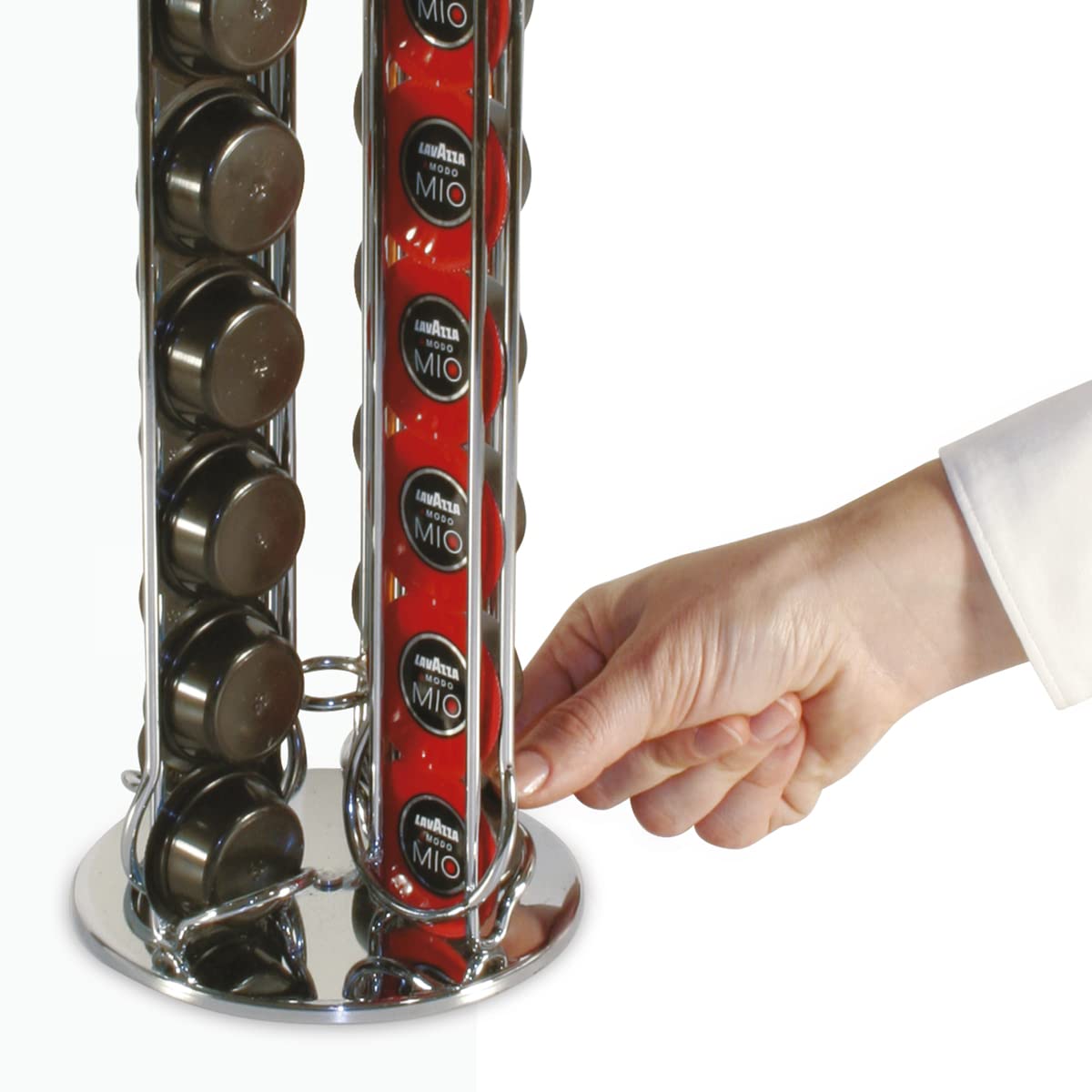 MACOM, Dispenser Portacapsule Compatibile con Lavazza A Modo Mio per Macchine Caffè, 28 capsule, acciaio cromato, Just Kitchen 830 Totem Coffee