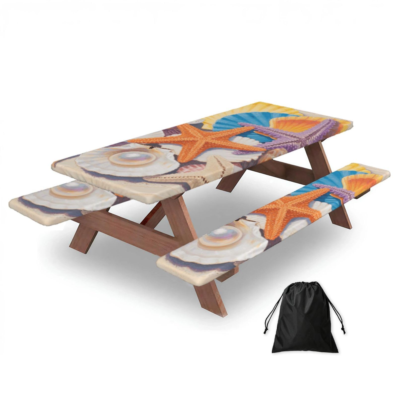 Colorful Seashell And Starfish Picnic Table Cover With Bench Covers And Bag, Windproof Waterproof Rectangle Tablecloth With Elastic Edges Fitted Camping Table Covers Portable Camping Accessories