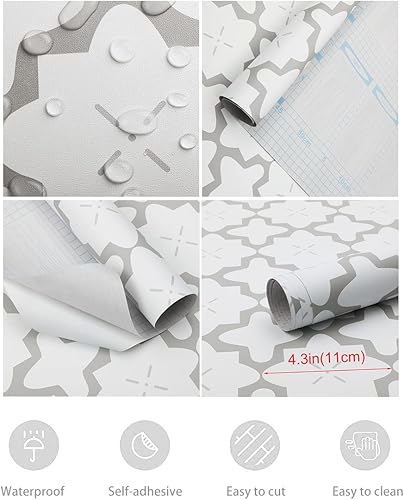 Miniatura 4 de GloryTik Papel tapiz geométrico de 17.7 x 393.7 pulgadas, papel de contacto blanco y negro, autoadhesivo, papel tapiz texturizado extraíble, papel