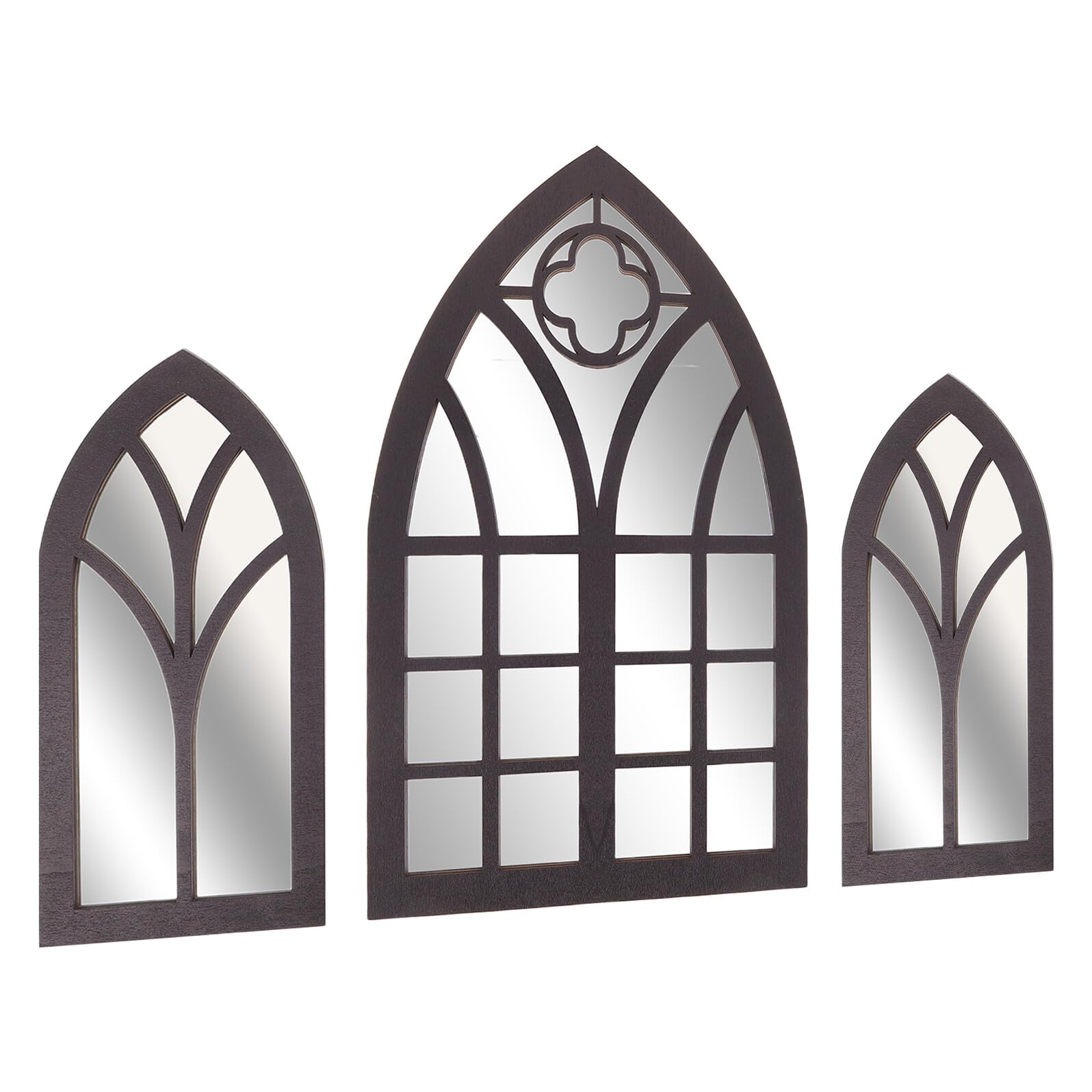 PRETYZOOM Espejo de Pared Decorativo Estilo Gótico Marco de Madera Robusta, Ventana Arqueada Falsa en 3 Piezas para Decoración de Entrada y Sala, Acabado Rústico Vintage Adecuado