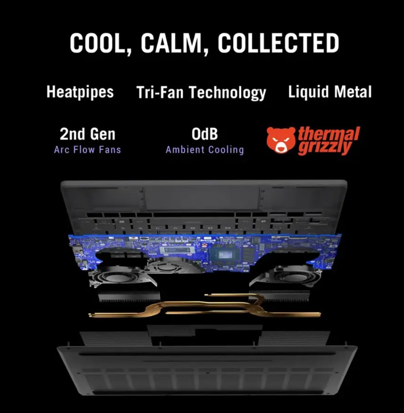 Diagram showing the internal cooling components of the ASUS ROG Zephyrus G14, including heatpipes, tri-fan technology, liquid metal, 2nd Gen Arc Flow Fans, and 0dB ambient cooling.