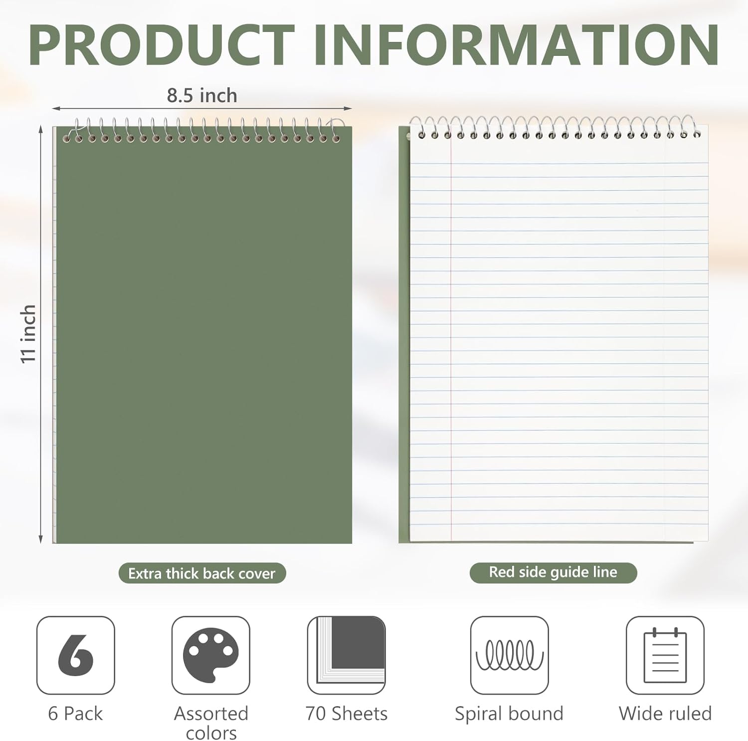 Resurhang 6 Pack 8.5 x 11'' Top Bound Office Steno Book Wide Ruled Double Sided Spiral Notebooks Reliable White Paper 70 Sheets/Pad Pastel Colors Covers for Writing School Notes(Classic Color)