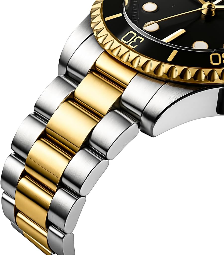 Watches For Men Quartz Stainless Steel: Dress Watch For Mens Wrist Luxury Gold And Silver Metal Two Tone Black Dial Big Analog Classic Diver Waterproof Chronograph Green Face Business Man Gift image 3 of 8 B0F99JS2MH