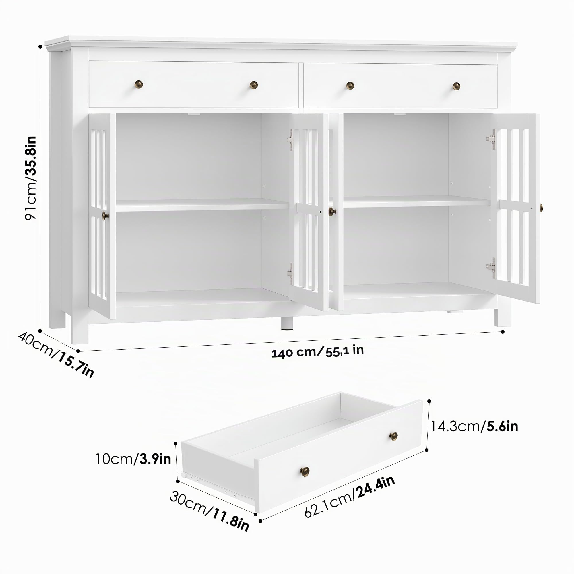FirFurd Buffet Portes Vitrées Meuble Cuisine Rangement Blanc 140x40x90.7cm | Vaisselier 4 portes et 2 tiroirs | Grand plan de travail | Étagères réglables | Verre trempé | Pour salle à manger, salon