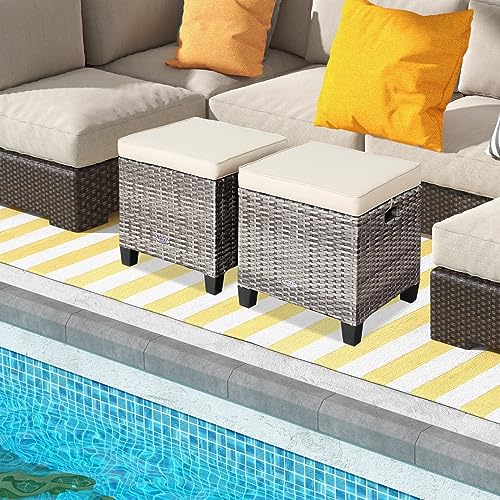 ORALNER Set of 2 Outdoor Ottoman, 16” Wicker Foot Stools, All-Weather Rattan Cube Footstool w/Removable Cushions, Square Footrest Extra Seating for Patio, Porch, Deck, Easy Assembly (Beige)