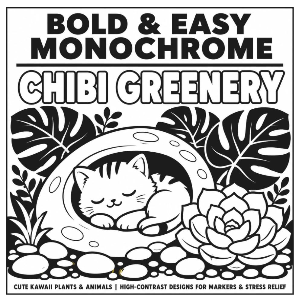 Chibi Greenery: A Bold & Easy Monochrome Coloring Book | One-Pen Ritual Designs for Markers & Stress Relief