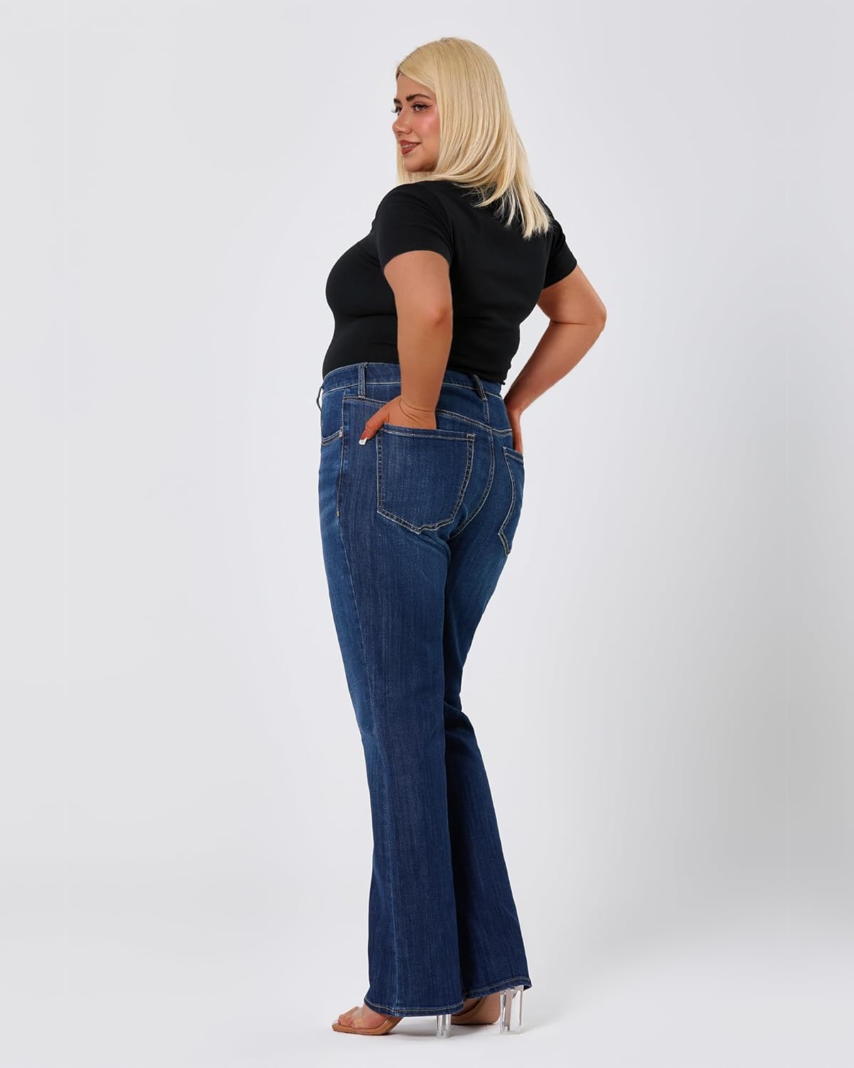 Women's Plus Size Bell Bottom Jeans Mid High Rise Flare Jean Skinny Stretchy Denim Pants - Image 3