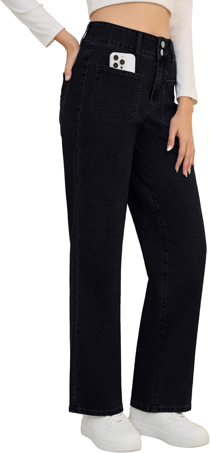 POSHGLAM Wide Leg Jeans for Women Stretchy Straight Denim Pants with 4 Patch Pockets