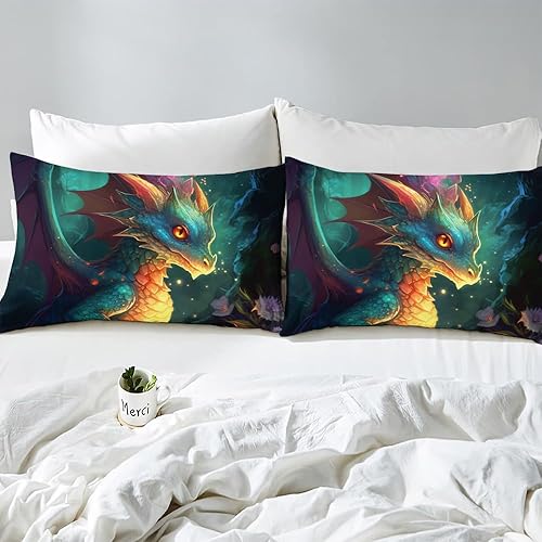 Vista 3 de Juego de cama de dragón tamaño matrimonial, edredón de dragón tamaño individual, transpirable, 3 piezas (estilo dragón 05)