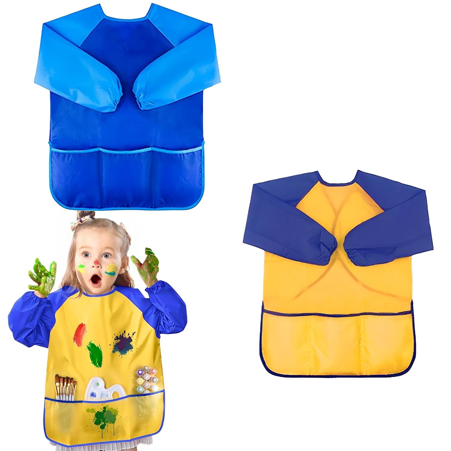 Norhogo 2-piece Painting Gowns Waterproof Apron, Waterproof Children's Smocks with sleeves and 3 pockets