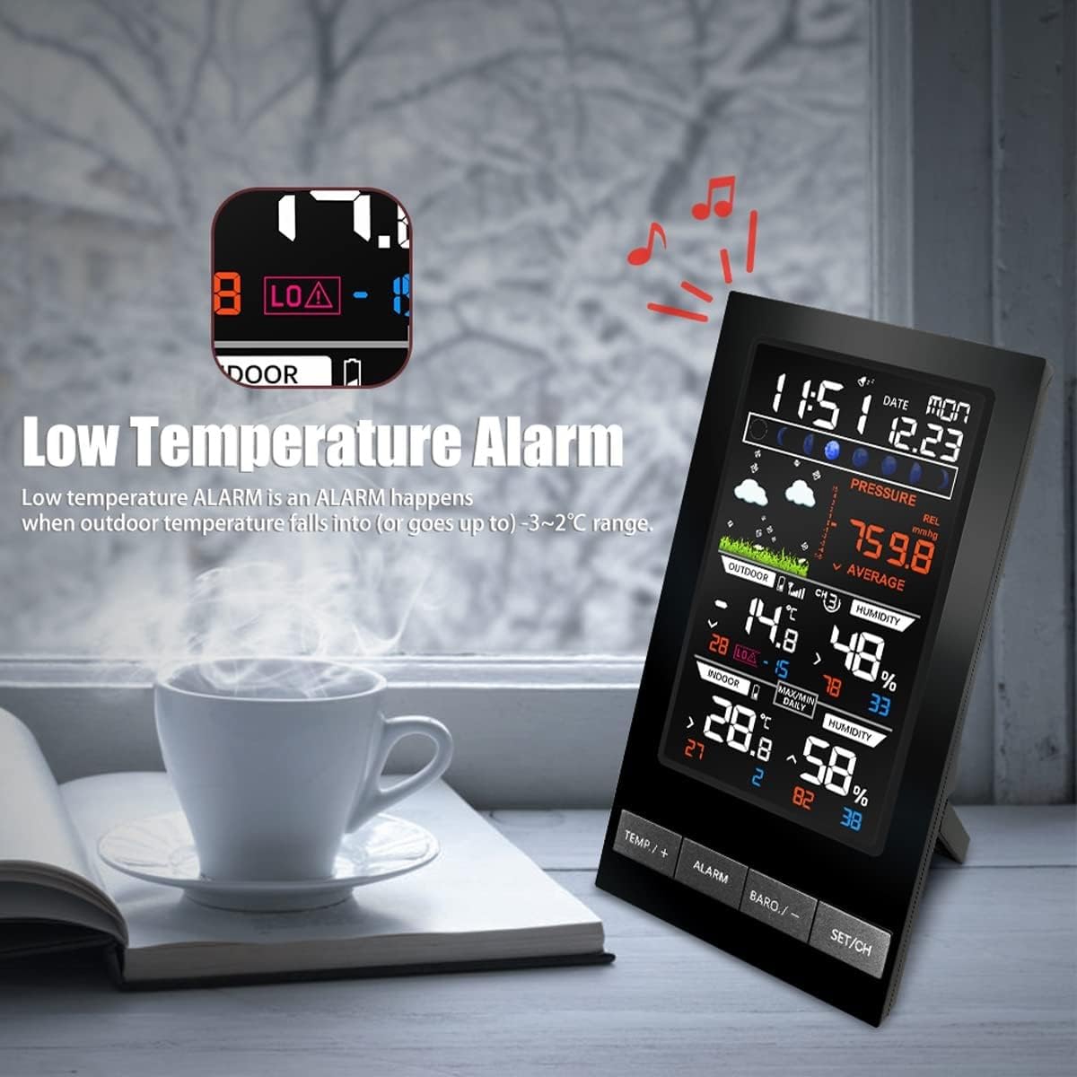 Wetterstationen, 5-in-1-LCD-Farbvorhersage-Display mit kabelloser Anzeige, Farbbildschirm für Thermo-Hygrometer und Luftdruck für drinnen und draußen, Wetterstation für zu Hause