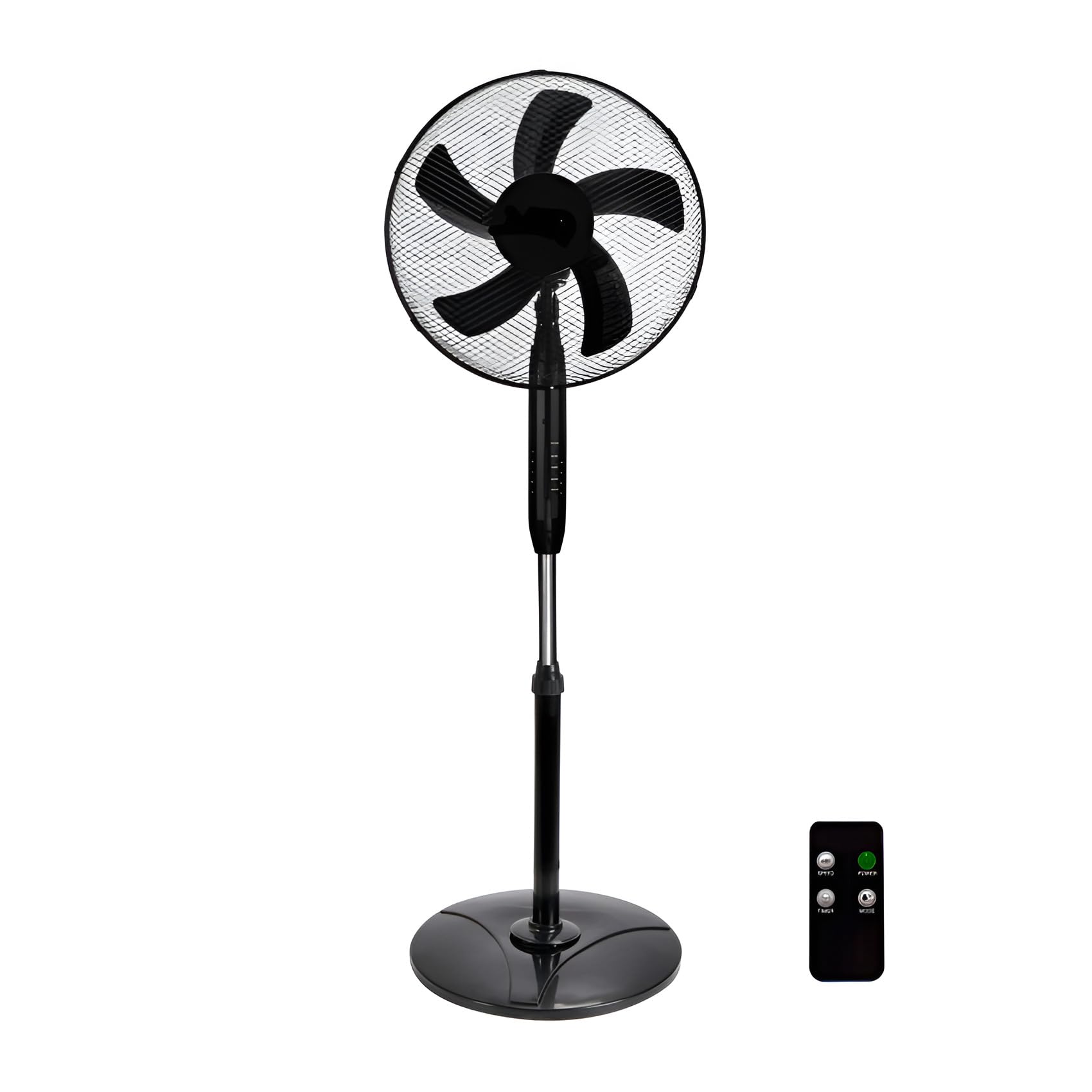Genérico Ventilador de Pie 16" 40 cm con Mando a Distancia, 5 Aspas, Motor DC Cobre 40W Bajo Consumo, 3 Velocidades, Oscilación 180°, Temporizador 1h, Altura Ajustable 107-130 cm, Negro
