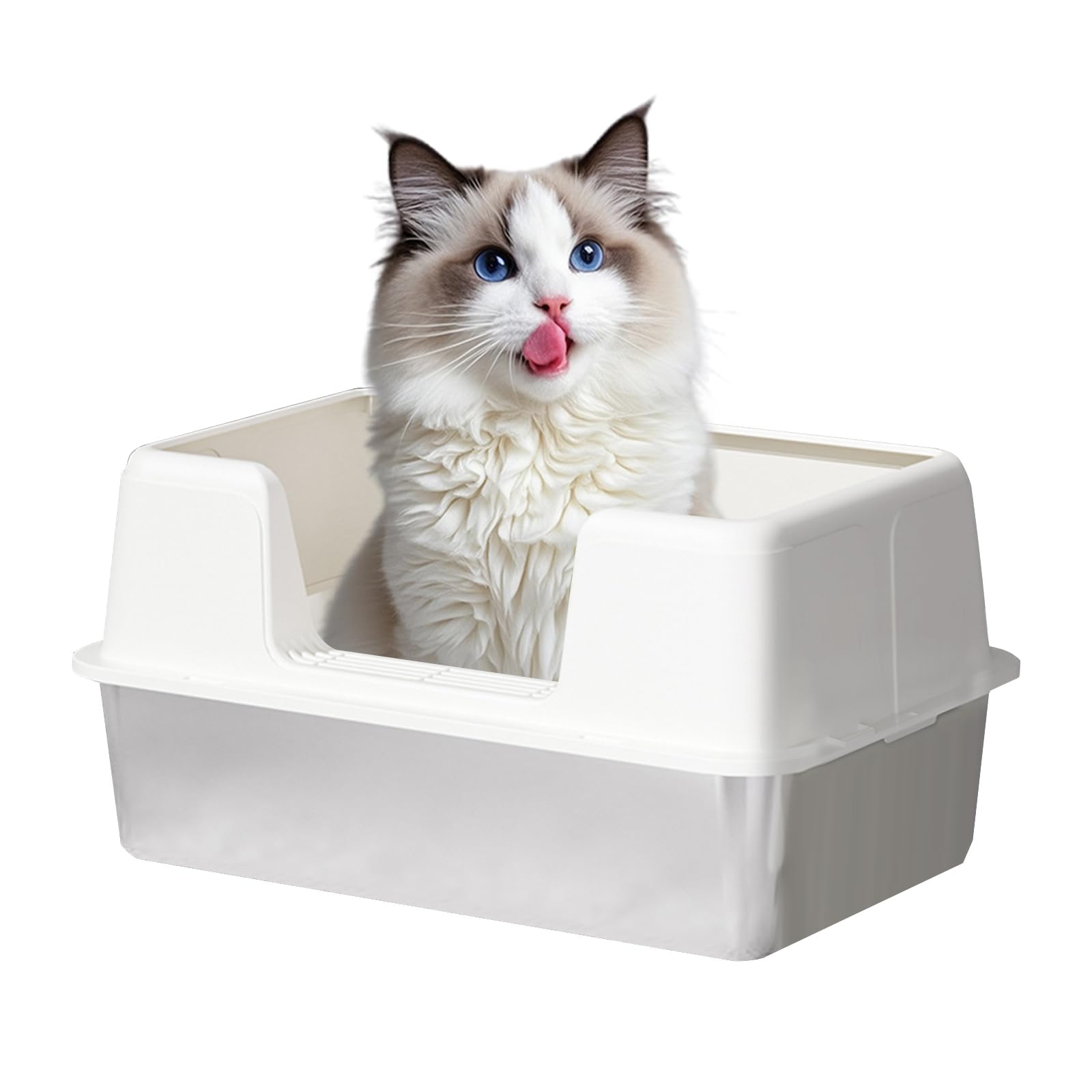 GarveeHome Groß Katzenklo Edelstahl, Halbgeschlossen Katzenklo Edelstahl Leicht zu Reinigen, Hoher Abnehmbarer Metall Katzentoilette mit Anti-Rutsch Matte, Katzenstreuschaufel, 60x40x31.5CM,Weiß
