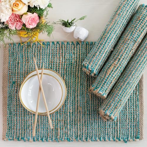 Chardin Home Natural Jute & Aqua Turquoise Placemats, Set of 4 – Rustic Handmade Boho Table Mats, 13×19 in Dining Table Placemats – Kitchen, Everyday Meals, Holidays, Farmhouse or Modern Table Décor