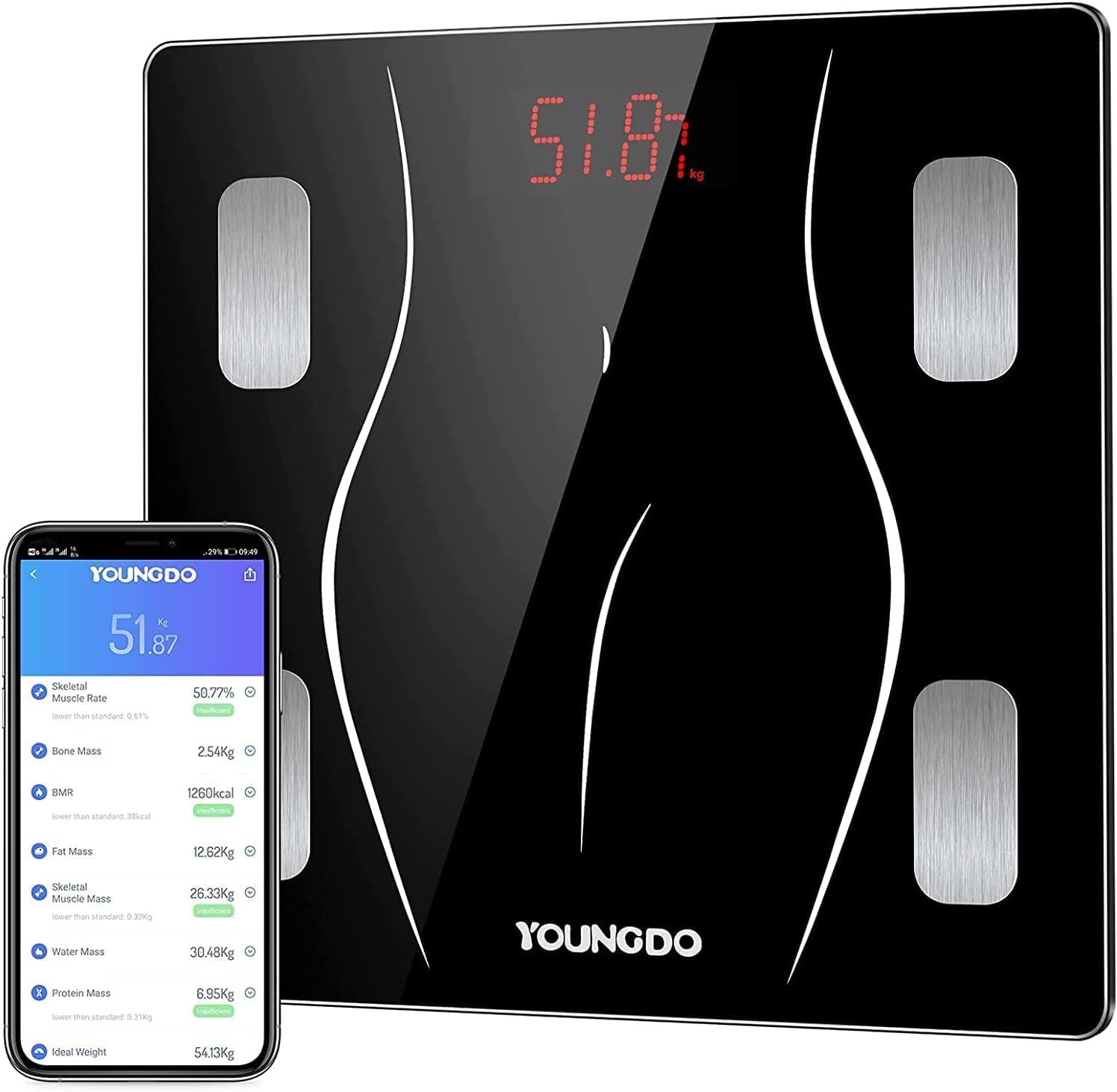 YOUNGDO Scales for Body Weight, Bluetooth High Precision Smart BMI Digital Bathroom Weighing Scale with 23 Datas USB Charging, Body Weight Composition Monitors with Smartphone App for Fitness Tracking