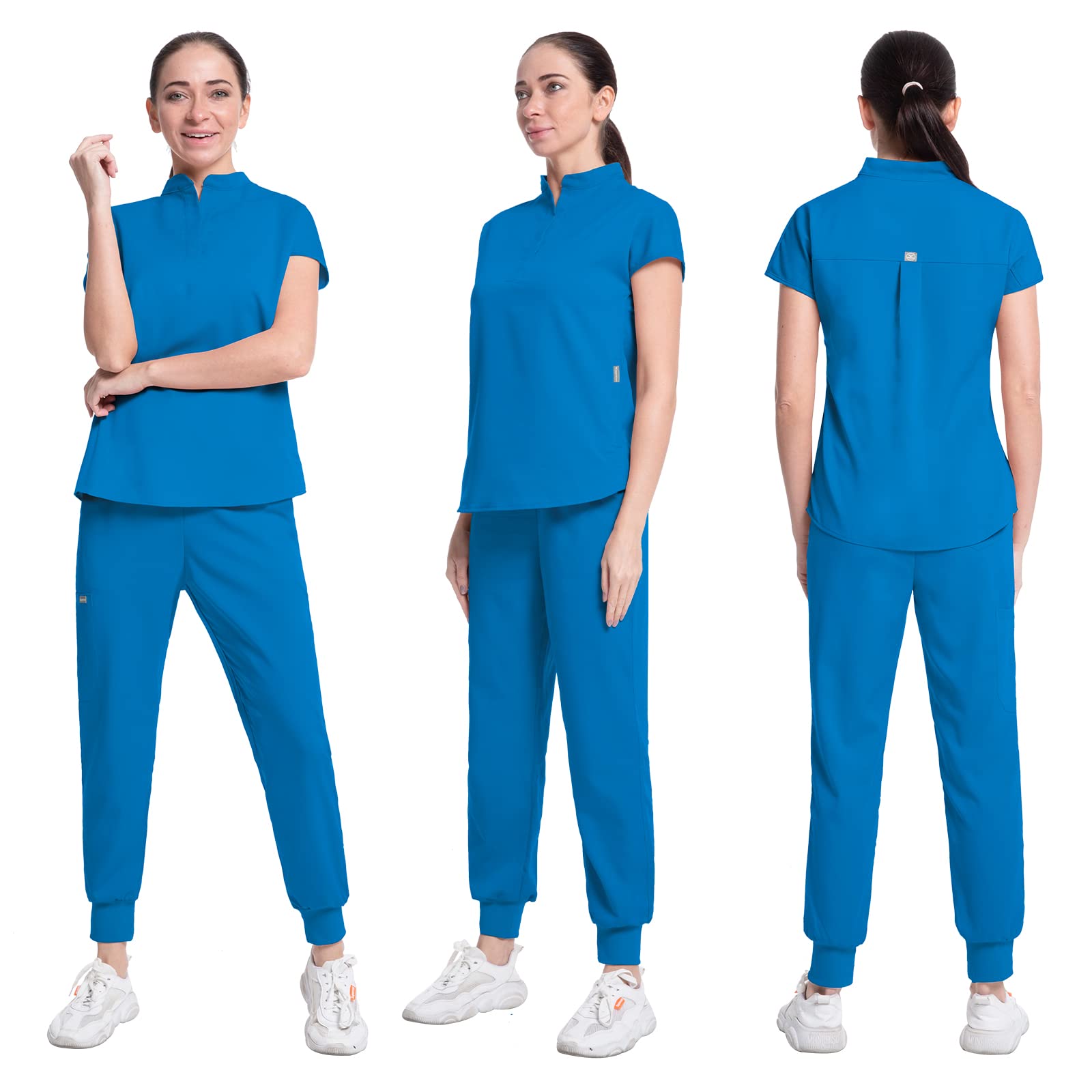 Women's Jogger Scrub Set with Pocket Medical Uniforms Include V-Neck Scrub Top and Pant Fitted Stretch Scrub Set-12 Color (Alps Blue,M,Medium)