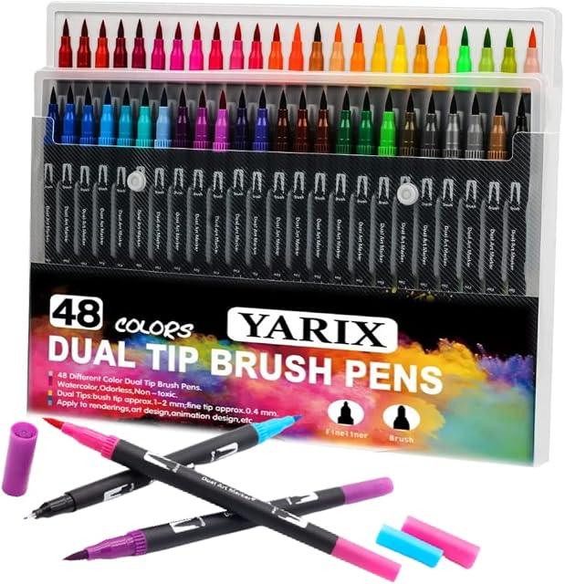 YARIX Dual Tip Brush Pens  Colouring Pens Set of 48 Coloured Pens, Felt Tip Pens  Art Supplies for Kids & Adult Colouring Books  Watercolour Art Markers for Drawing, Sketching, & Calligraphy