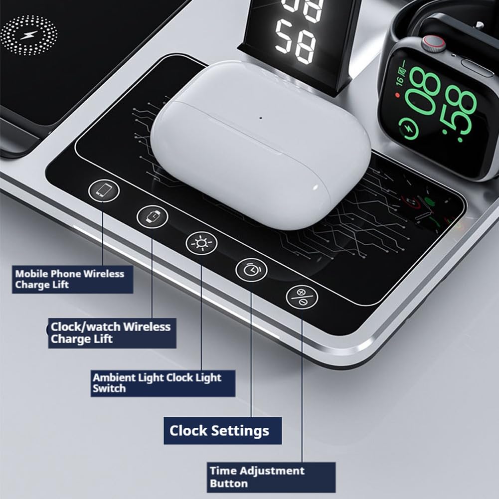 Zureze Station, 4 in 1 Sveglia Wireless Charger Stand, Stazione di Ricarica Liftable per Più Dispositivi, Stazione di Ricarica Wireless Universale 4 Pollici Accelera la Ricarica del Dispositivo