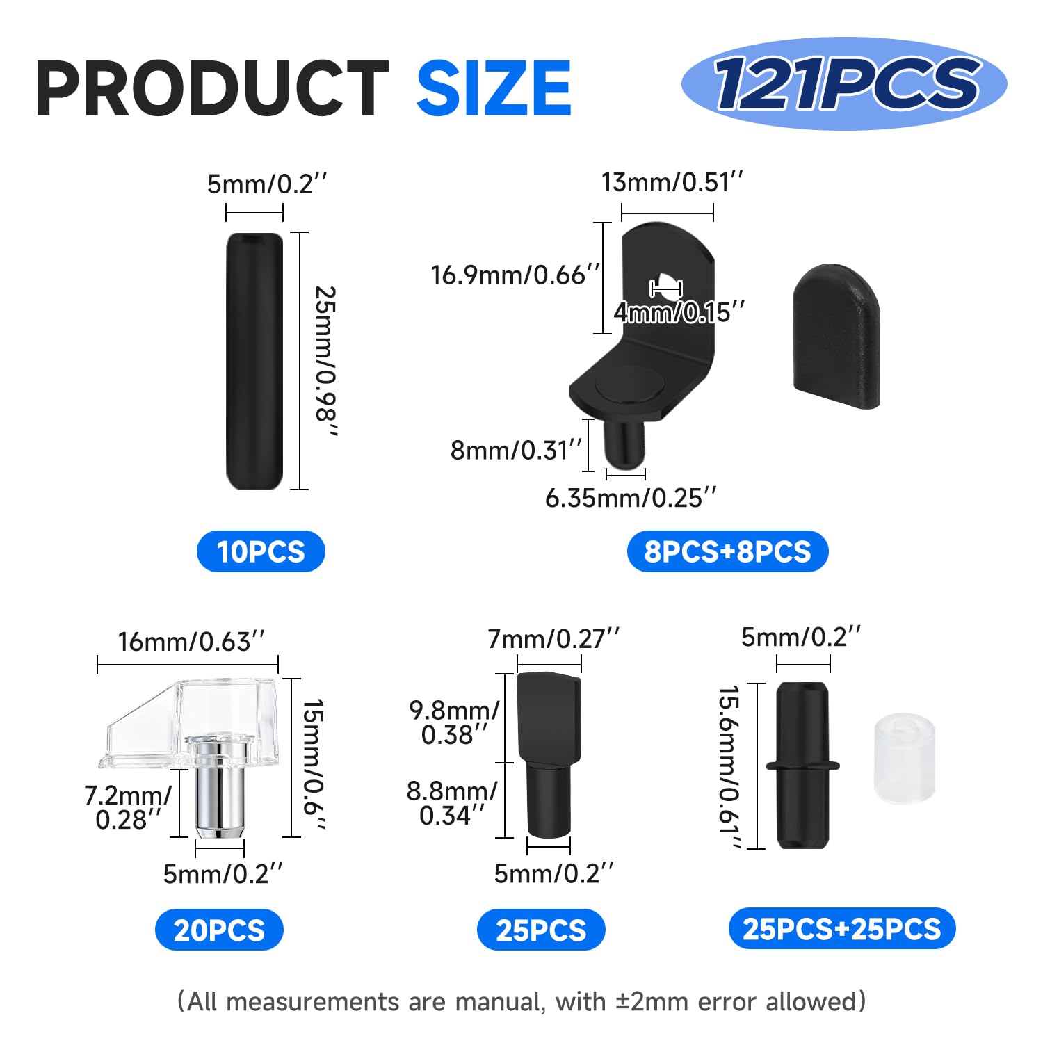 121PCS Black Cabinet Shelf Support Pegs Kit 5 Styles Pins for Wood Shelving Nickel Plated Shelf Holders Peg for Shelves 5mm 6.35mm (1/5inch 1/4inch) YY029-Kit-B — Amazon image 2