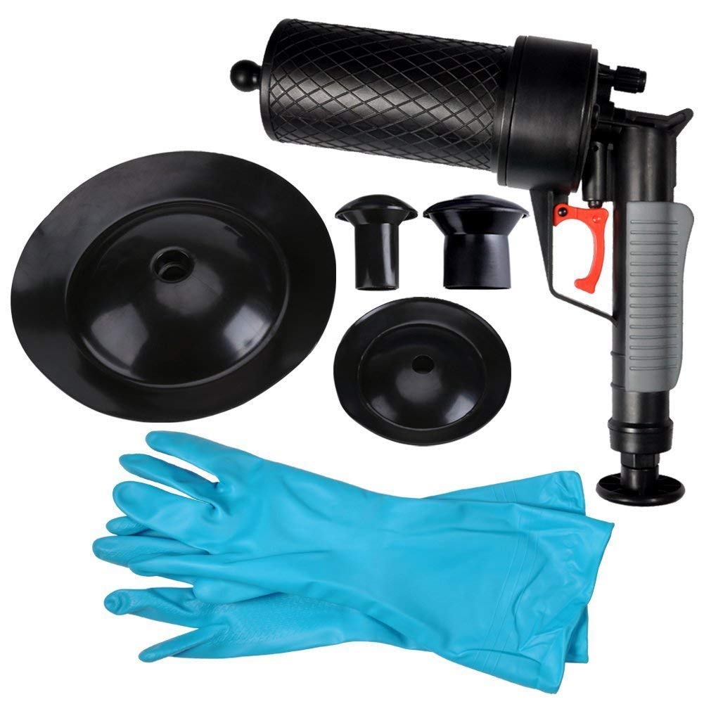 Pressluft Rohrreiniger inkl. 4 Gummiadapter, Reinigung mit Luftdruck Abflussreiniger Pumpe, Rohr frei in Bad, Küche, WC (Blau)