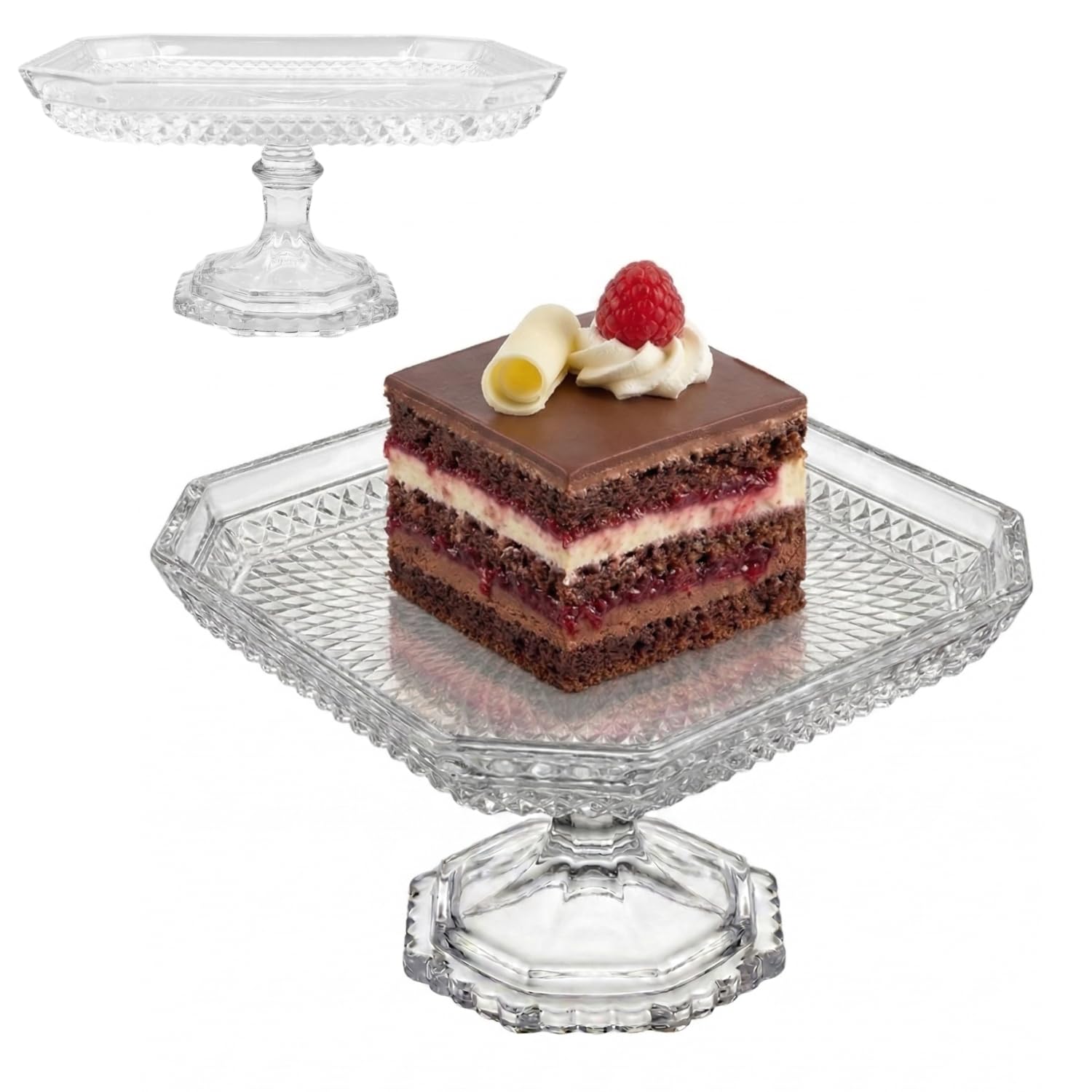OCEANO Alzata per Torta in Vetro Trasparente con Piedistallo Alzatina Elegante per Dolci, Pasticceria e Finger Food Piatto da Portata Vintage con Base Ottagonale per Matrimoni e Feste (Quadrato)