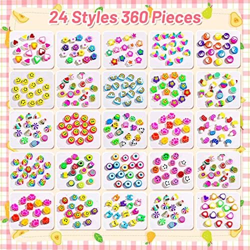 360 Pcs Fruit Flower Polymer Clay Bead Charms for Bracelets and Jewelry Making, 24 Styles Trendy Cute Smiley Bead Kit for Bracelets Jewelry Necklace Earring Making with Elastic String