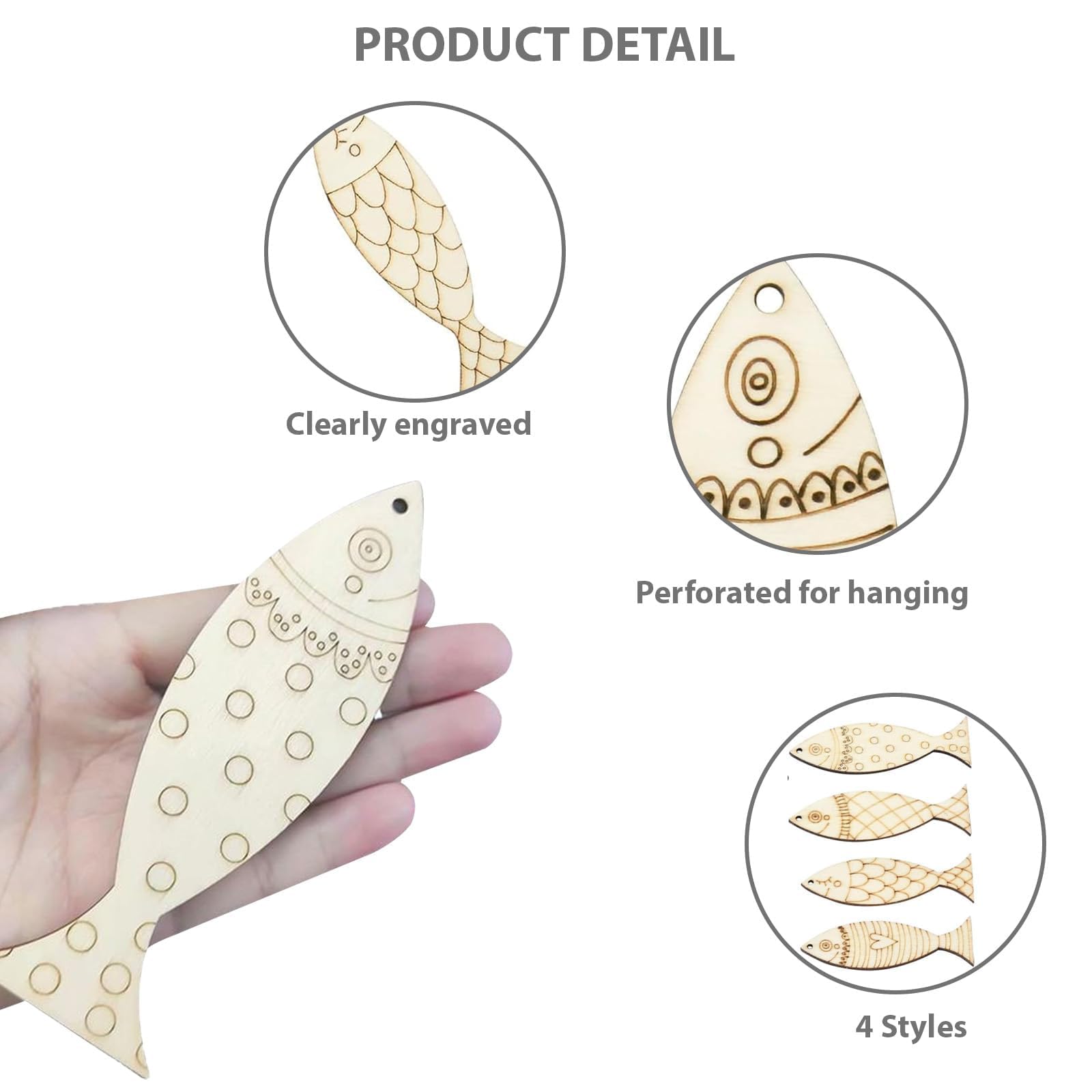 COZERI 36PCS Fish Wooden Craft Shapes, DIY Wooden Fish Decor Cutouts Craft Supplies with Rope - Image 3