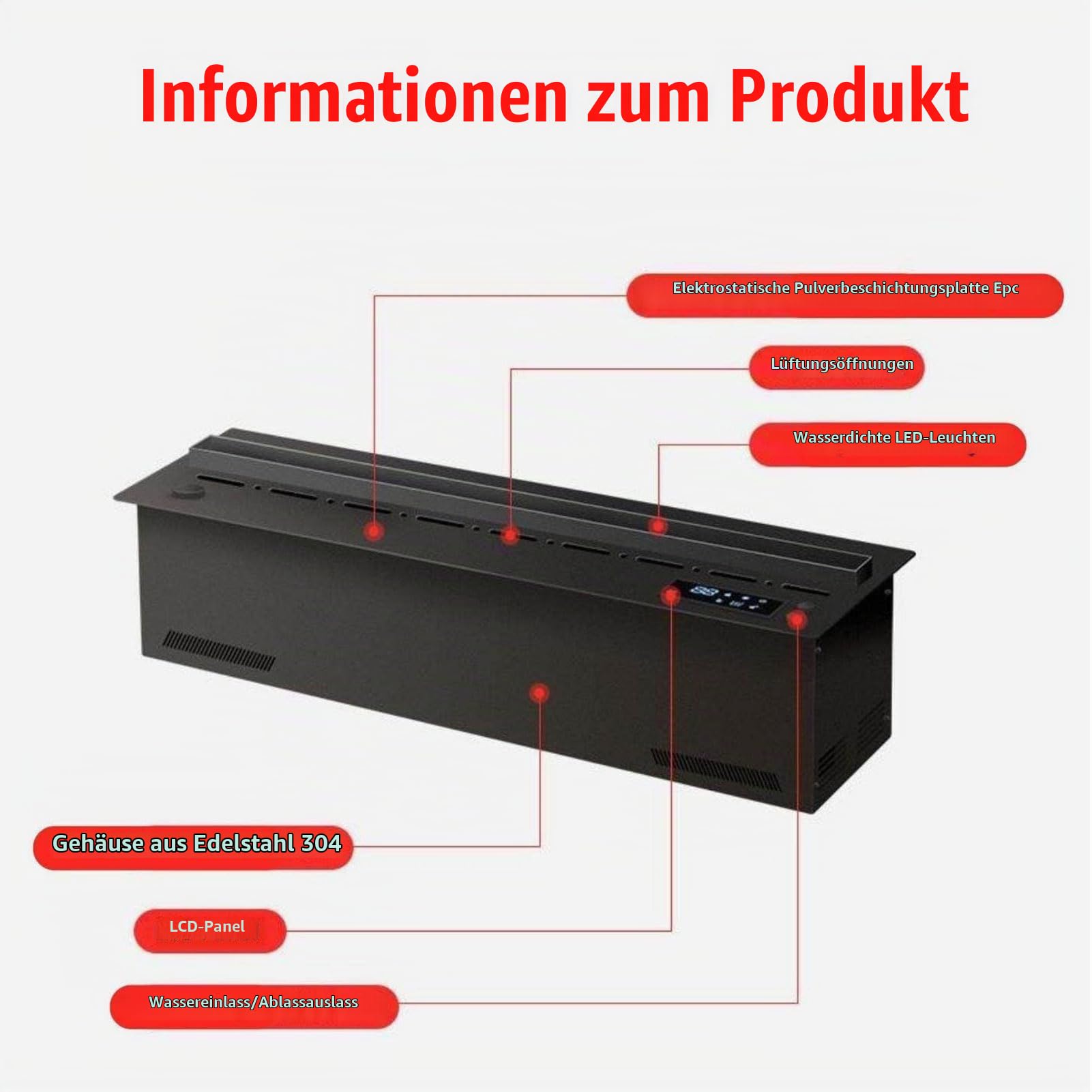 Dekorativer elektrischer Wasserdampf-Kamin-Luftbefeuchter mit 3D-Zerstäubungsflamme, 3 mm ultradünnem Panel, Gebürsteter Edelstahl, ohne Heizung, 50cm/39.3in