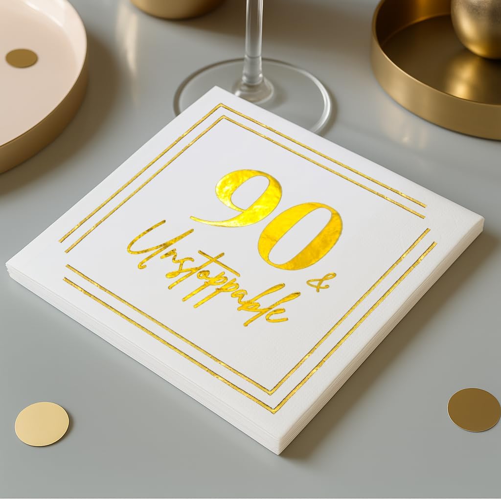 90th Birthday Cocktail Napkins, Gold 90 Years Old Bday Party Decorations, "90 & Unstoppable" Disposable Paper Napkin Decor for Men & Women, Milestone Celebration Fabulous Gift Ideas, 50 Pack