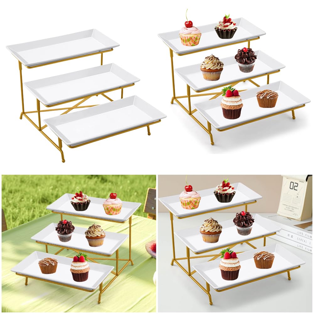 Set di 3 ripiani con vassoio per esposizione di cibo, perfetto per feste, matrimoni ed eventi, soluzione elegante e divertente per buffet e riunioni