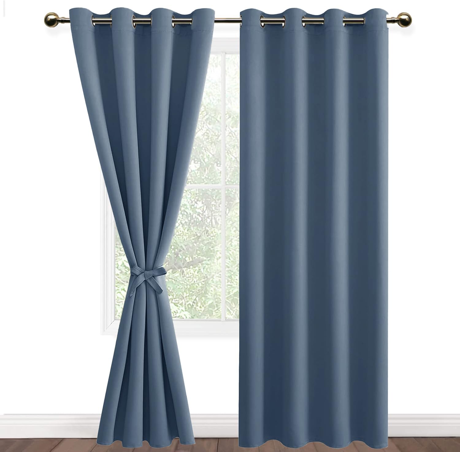 DWCN Blackout Curtains 84 Drop with Tiebacks Thermal Insulated Solid Eyelet Curtains for Living Room 52x84 Inch, Haze Blue,2 Panels