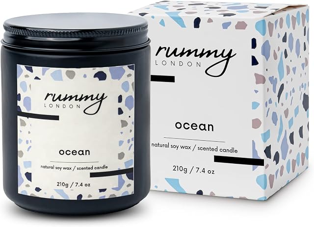 Rummy London Scented Candles | Ocean Scented Candle with Pure Natural Soywax and Firmenich Fragrance% 9 Essential Oil 210 gr 7.4oz 42 Hours Burning Time | Lovely Colorfull Gift Pack |